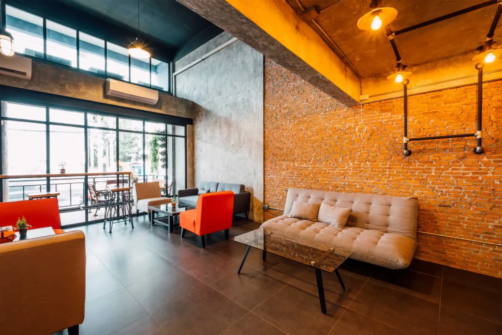 Bright common lounge of a co-living space
